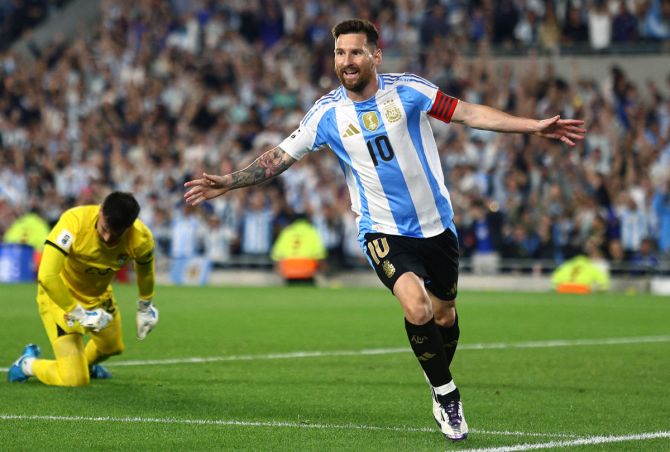 Lionel Messi celebrates scoring Argentina's first goal