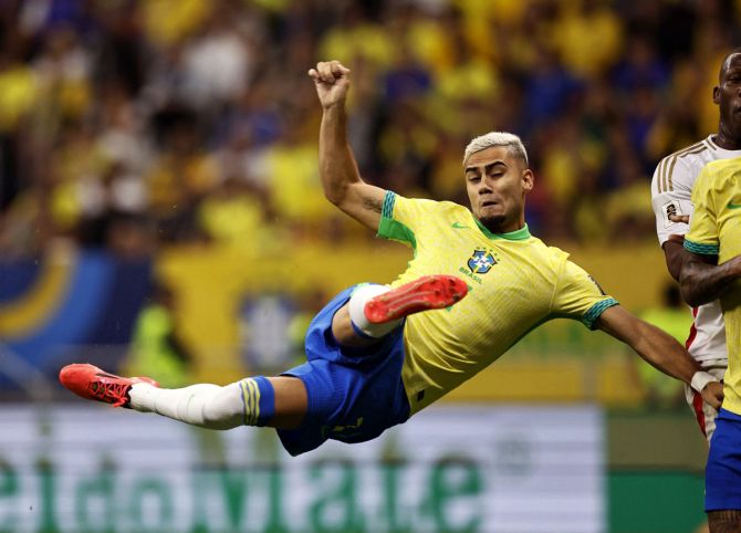 Andreas Pereira scores Brazil's third goal against Peru