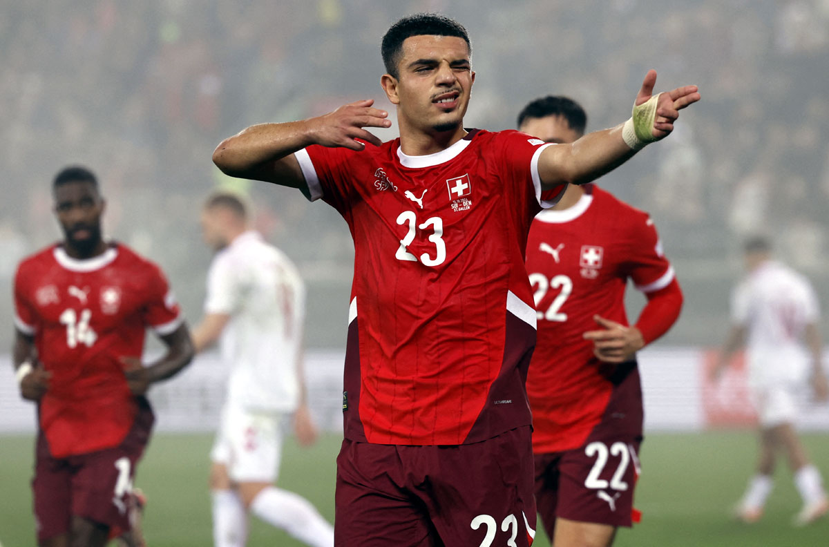 Zeki Amdouni celebrates scoring Switzerland's second goal against Denmark