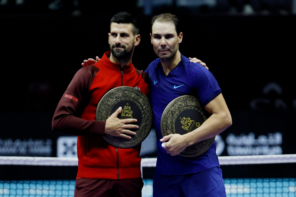 Serbia's Novak Djokovic and Spain's Rafael Nadal pose after their third place match at the 6 Kings Slam - Riyadh, Saudi Arabia on Saturday