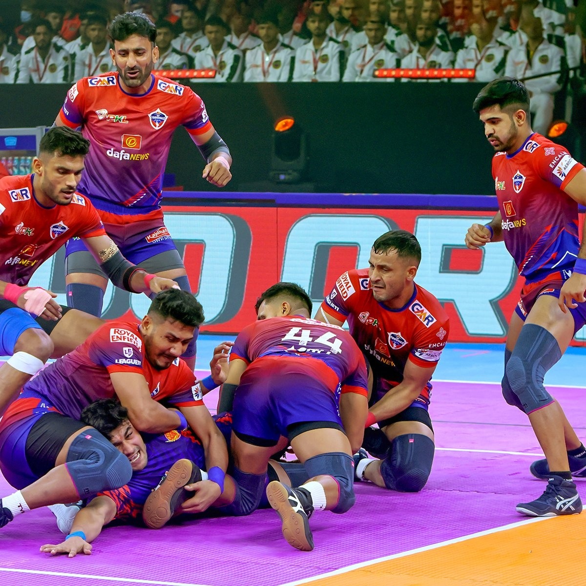 Action from the Pro Kabaddi League match between UP Yoddhas and Dabang Delhi in Hyderabad, on Monday