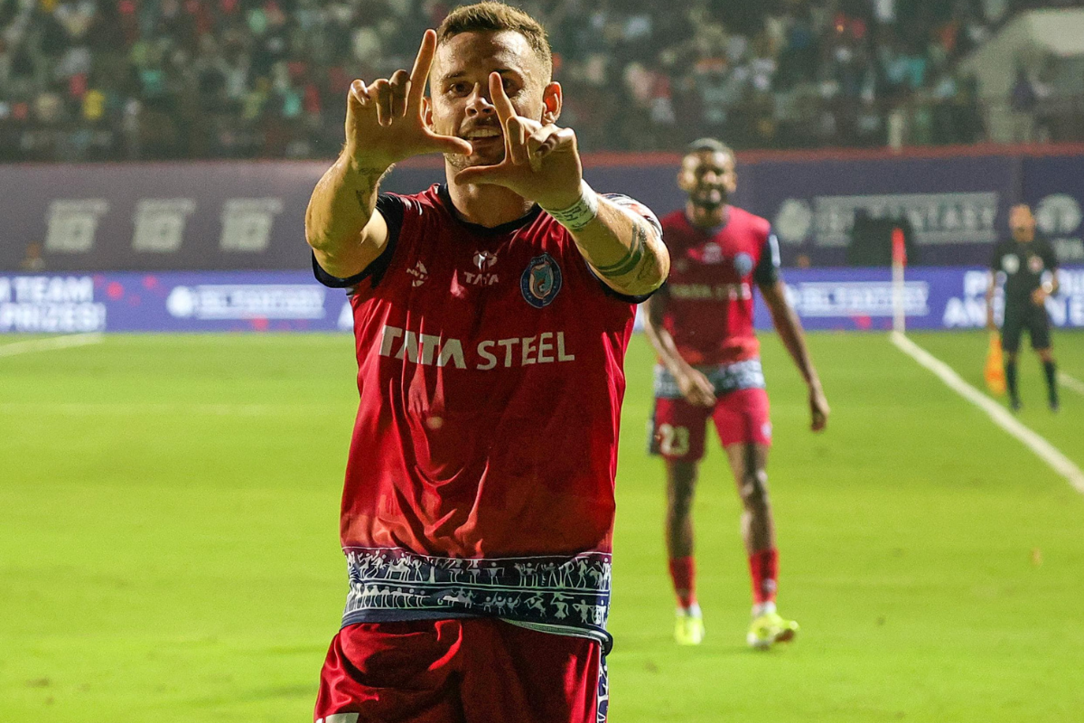 Jamshedpur FC's Jordan Murray celebrates the 2nd goal against Hyderabad FC on Monday