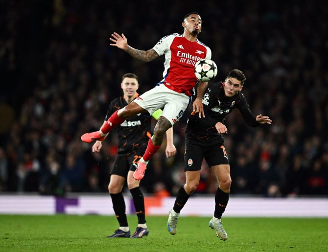 Arsenal's Gabriel Jesus in action against Georgiy Sudakov of Shakhtar Donetsk