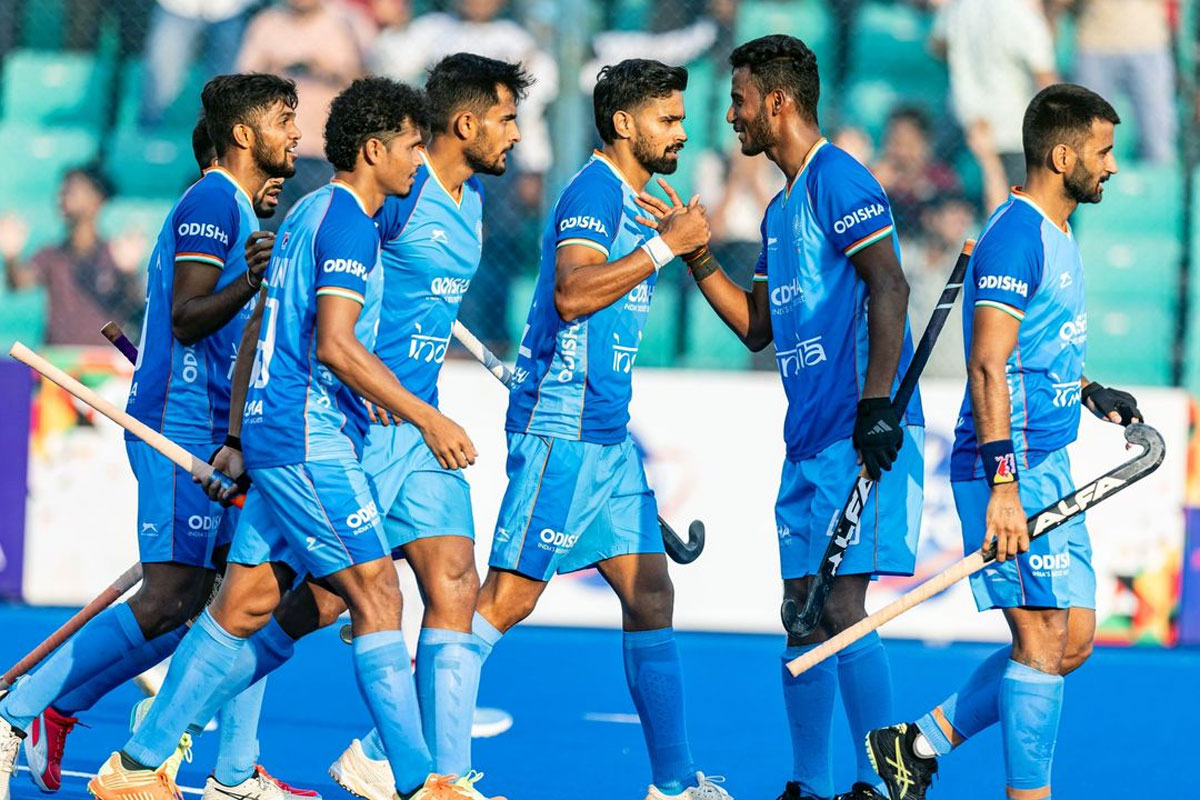 India's players celebrate scoring in the second hockey Test against Germany in Delhi on Thursday.