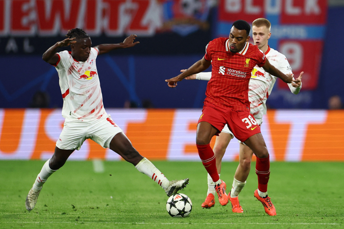 RB Leipzig's Amadou Haidara in action with Liverpool's Ryan Gravenberch during their match at  Red Bull Arena, Leipzig, Germany - 