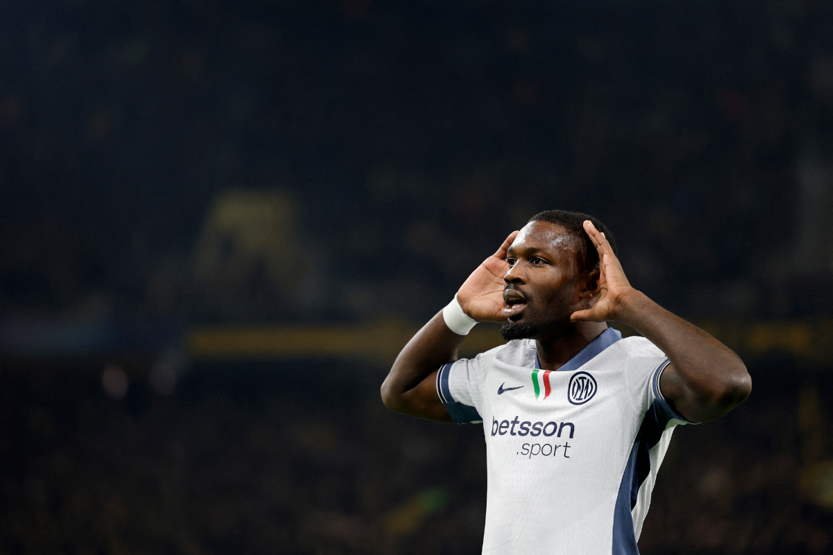 Inter Milan's Marcus Thuram celebrates scoring their first goal against Young Boys