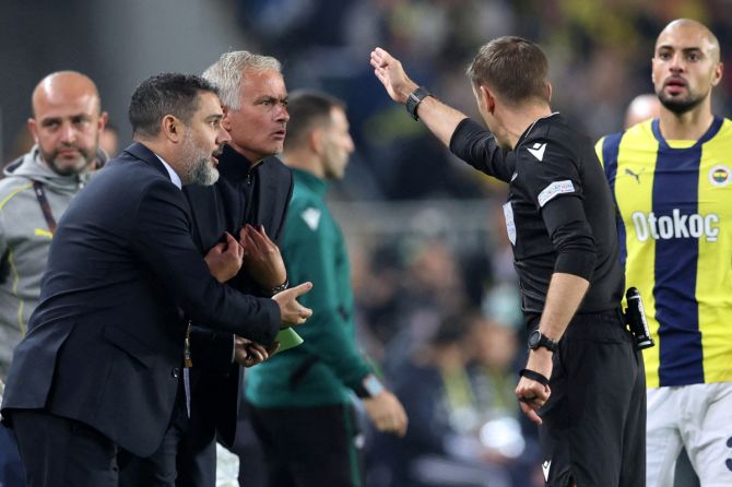 Fenerbahce coach Jose Mourinho reacts after being shown a red card by referee Clement Turpin