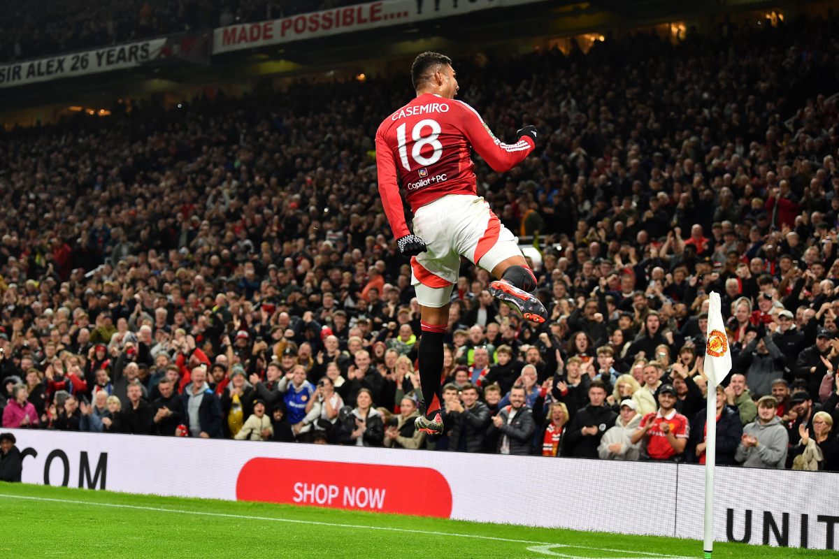 Manchester United's Casemiro celebrates scoring their first goal against Leicester City during their Carabao League Cup Round of 16 match at Old Trafford, Manchester, Britain. on Wednesday 