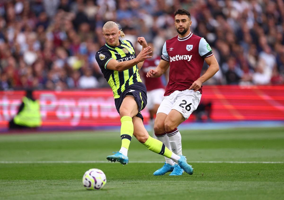 Erling Haaland scores Manchester City's first goal in the Premier League match against West Ham United at London Stadium, London, on Saturday.