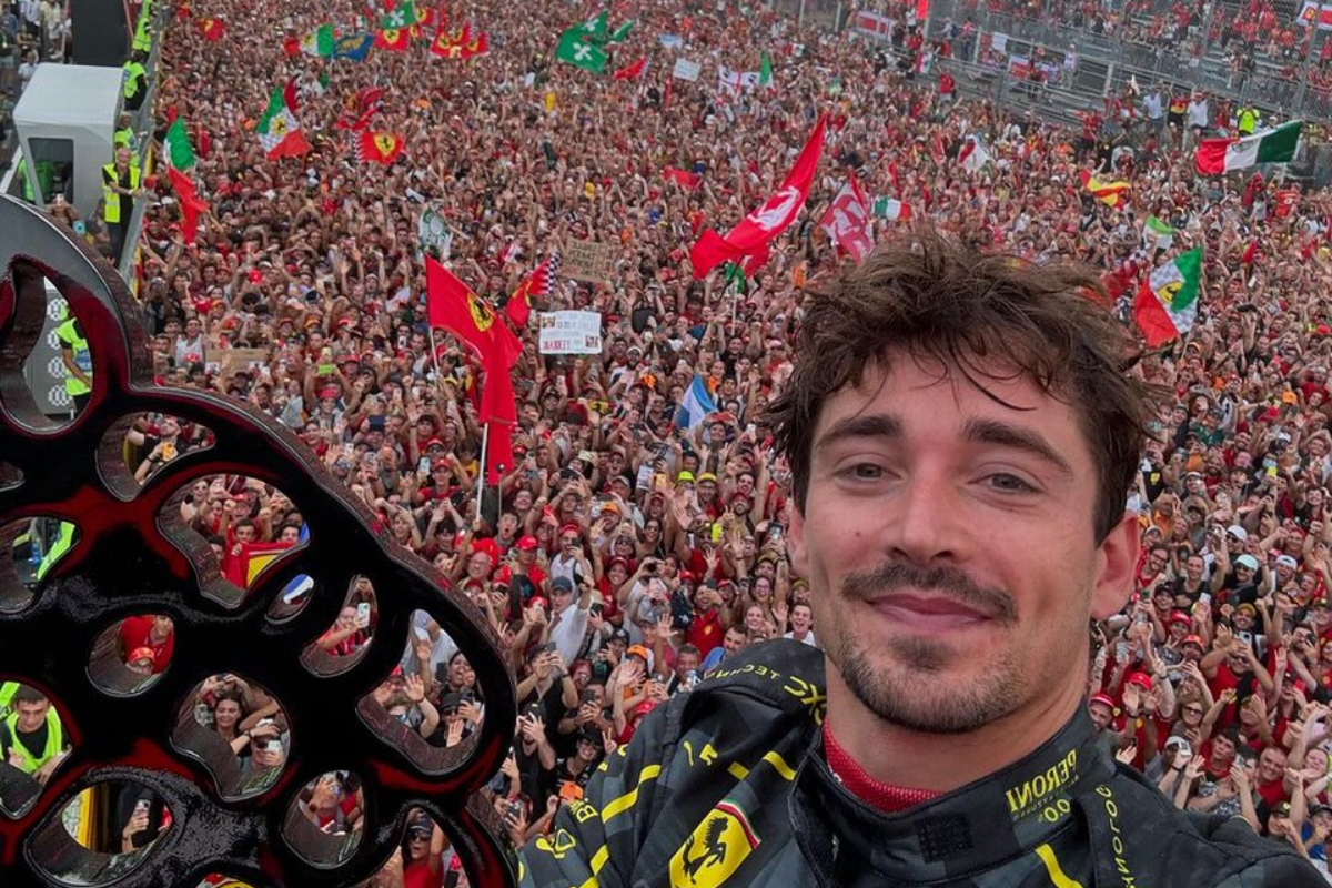 Charles Leclerc takes a selfie with fans after winning the Italian F1 Grand Prix at Autodromo Nazionale Monza, Monza, Italy, on Sunday