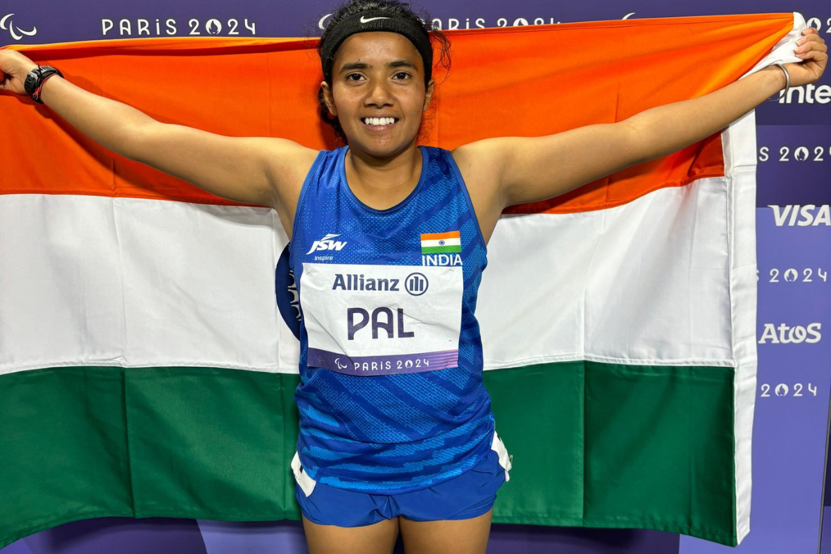 Preeti Pal celebrates after winning the 200m  T35 event at the Paris Paralympics on Sunday