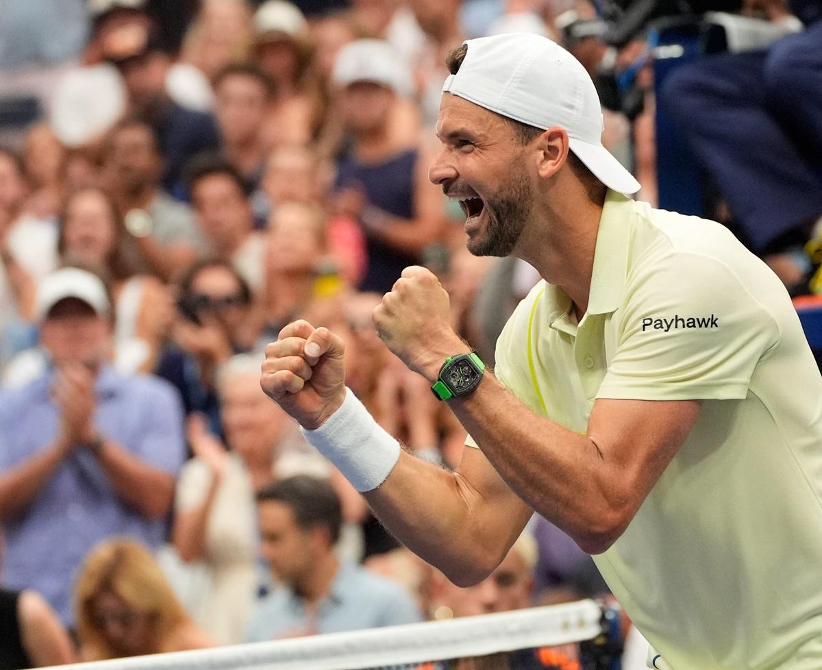 Bulgaria's Grigor Dimitrov celebrates victory over Russia's Andrey Rublev in the US Open men's singles Round of 16 at Flushing Meadows, New York, on Sunday.