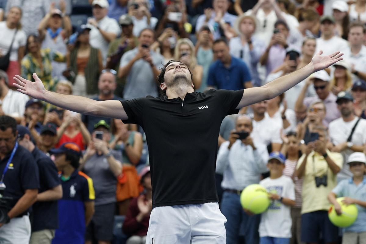 Taylor Fritz of the United States heaves a sigh of relief after sealing a come from behnd victory over Norway's Casper Ruud.