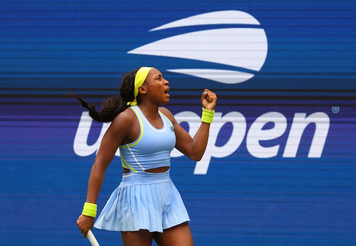 Coco Gauff reacts after winning a point