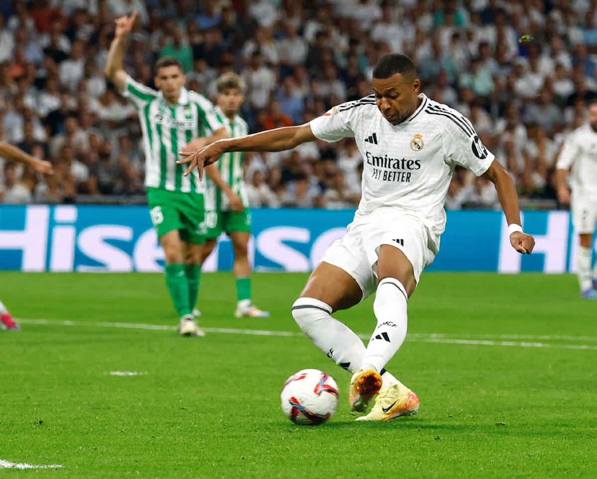 Real Madrid's Kylian Mbappe celebrates scoring their first goal