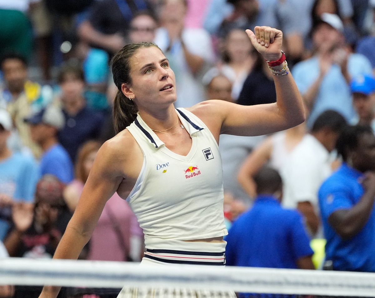 Emma Navarro of the United States celebrates victory over compatriot Coco Gauff in the US Open women's singles Round 16 match at Flushing Meadows, New York, on Sunday.