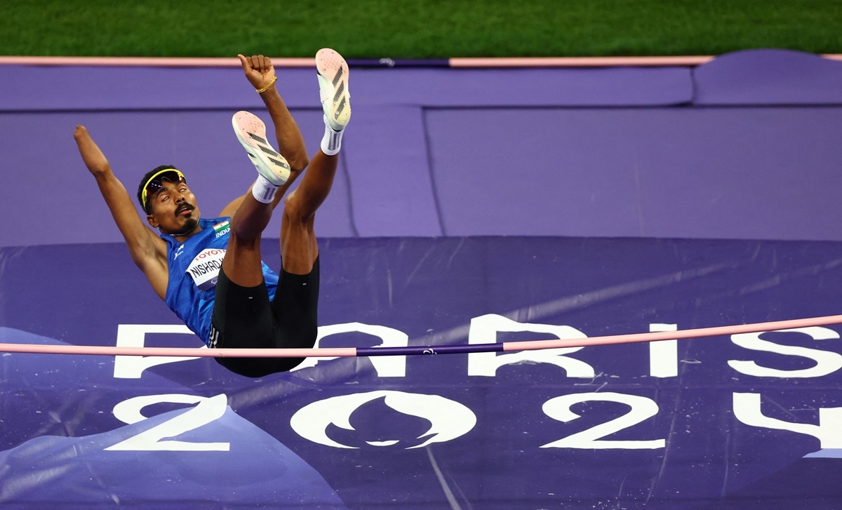 India's Nishad Kumar clears 2.04 metres, which was good enough for silver, in the men's High Jump T47 final at the Paralympics in Paris on Sunday.