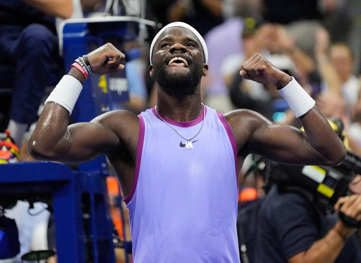 Frances Tiafoe of the United States reacts after beating Australia's Alexei Popyrin.