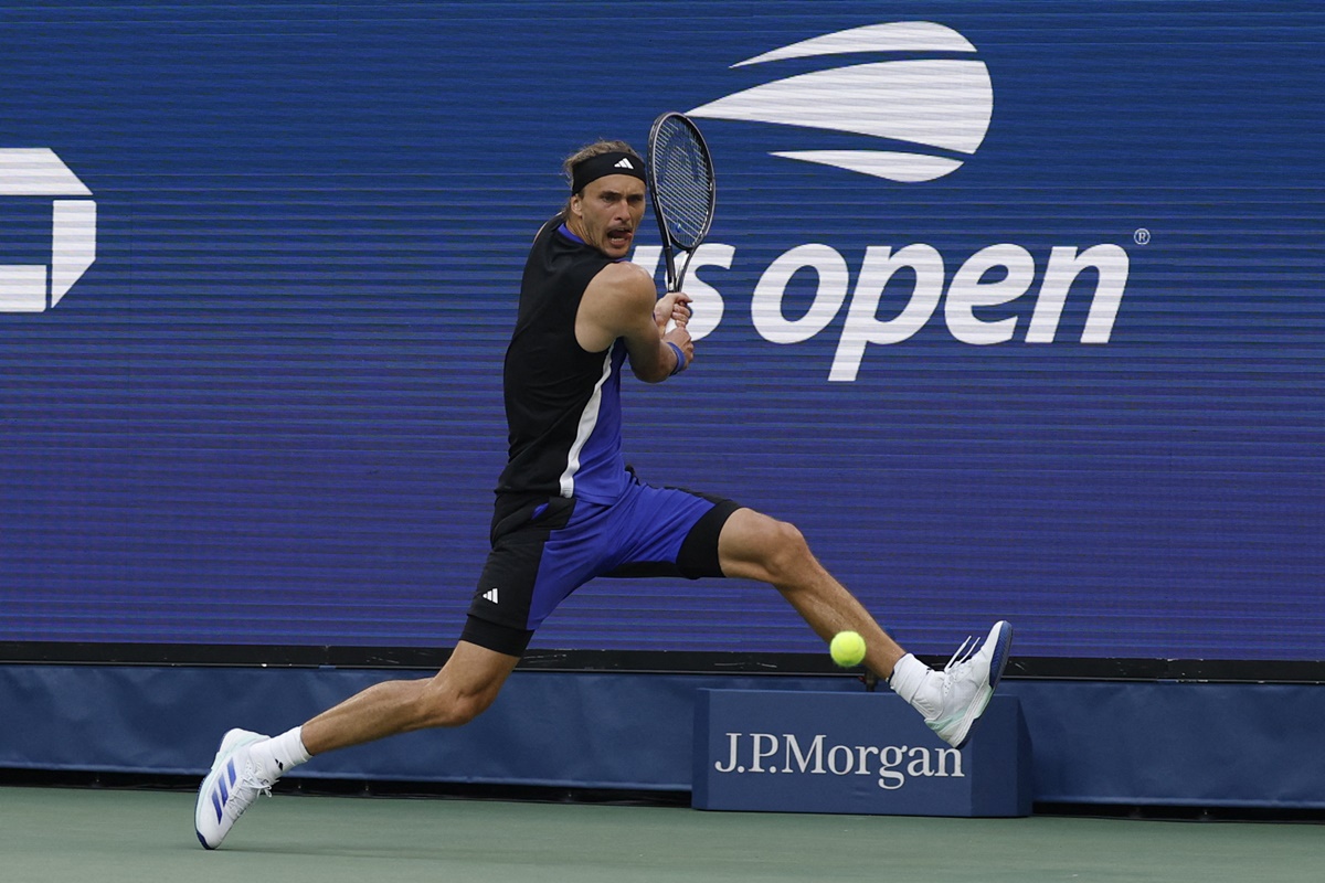 Germany's Alexander Zverev makes a backhand return against Brandon Nakashima of the United States in the US Open men's singles Round of 16 match at Flushing Meadows, New York, on Sunday.