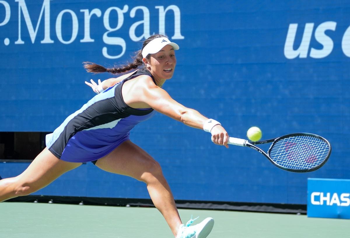 Jessica Pegula of the United States makes a backhand return against Diana Shnaider.