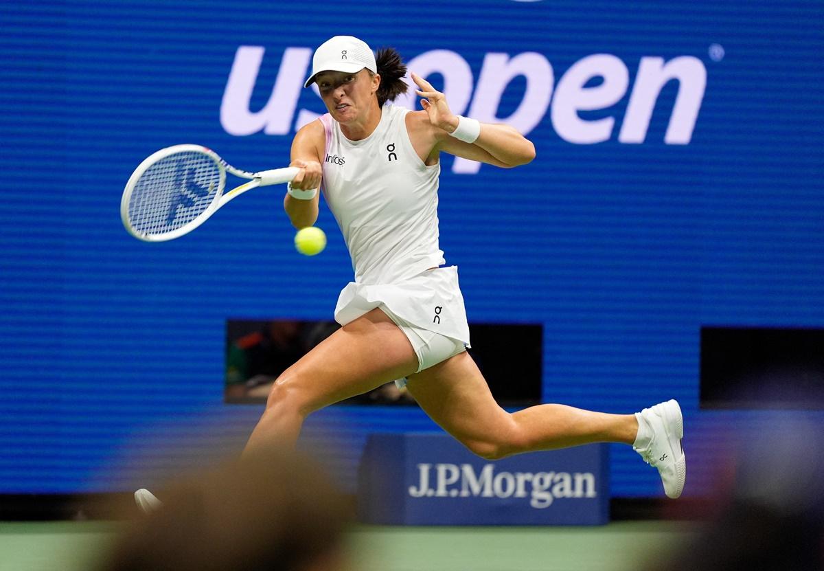 Poland's Iga Swiatek in action against Liudmila Samsonova during the US Open women's singles Round of 16 at Flushing Meadows, New York, on Monday