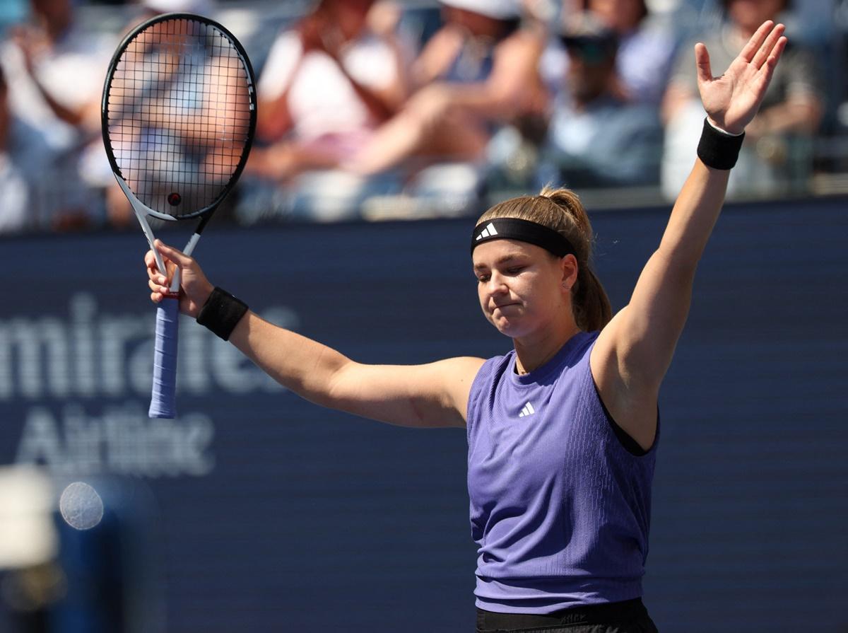 The Czech Republic's Karolina Muchova celebrates victory over Brazil's Beatriz Haddad Maia in the US Open women's singles quarter-finals at Flushing Meadows, New York, on Wednesday.