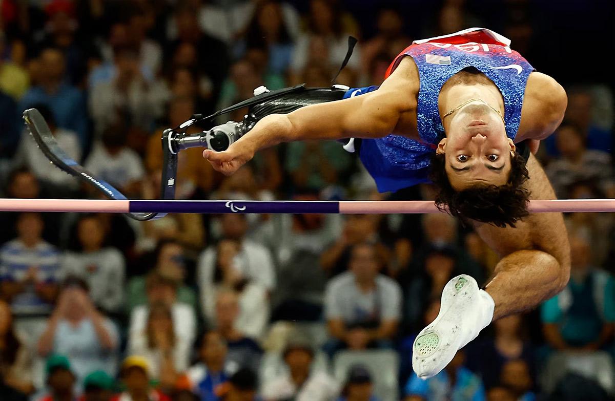 Ezra Frech of United States in action during the men's T63 high jump final