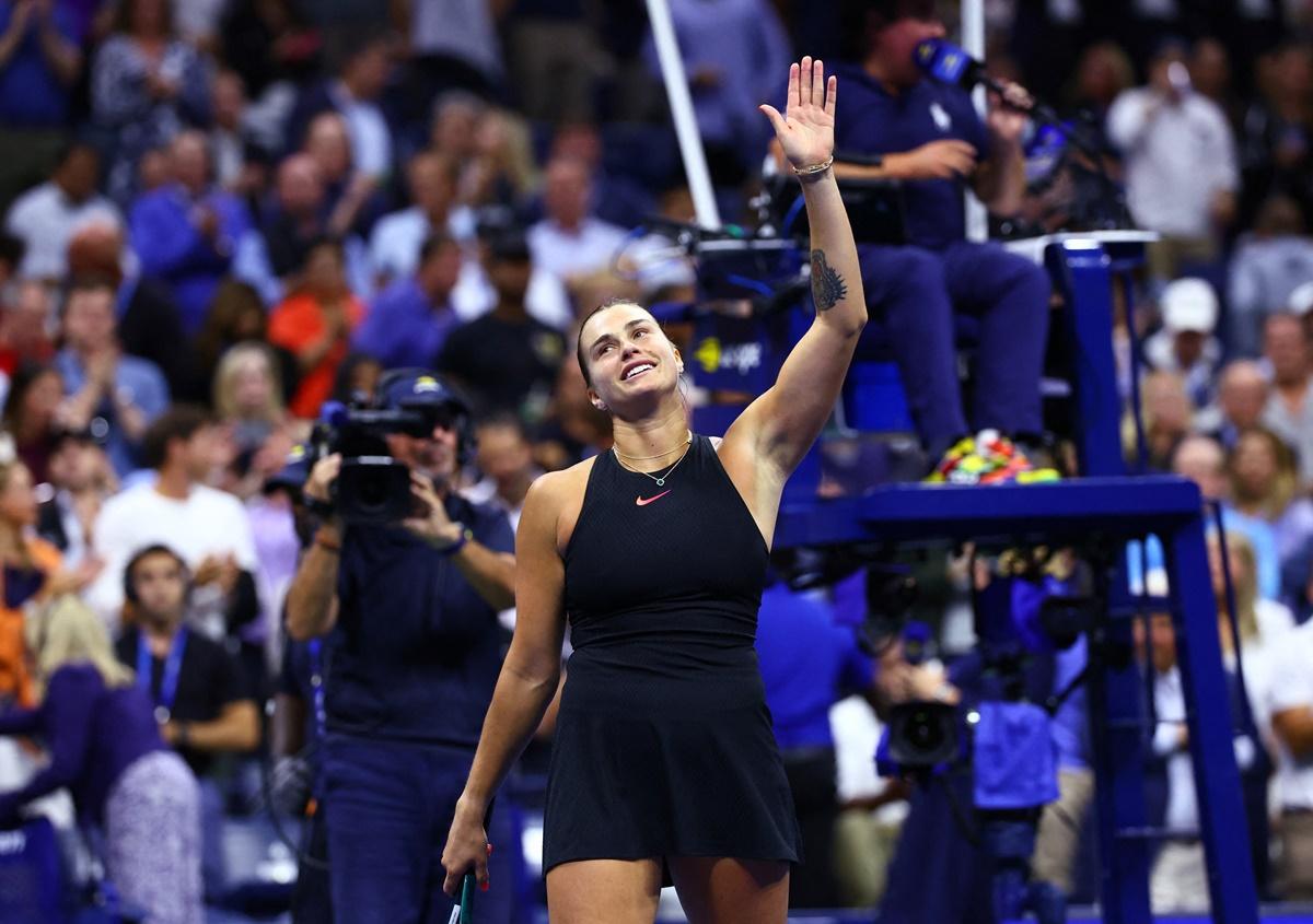 Belarus's Aryna Sabalenka celebrates victory over China's Qinwen Zheng in the US Open women's singles quarter-finals at Flushing Meadows, New York, on Tuesday.