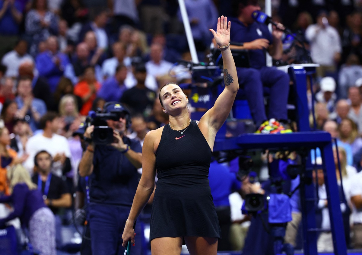 Belarus's Aryna Sabalenka celebrates victory over China's Qinwen Zheng in the US Open women's singles quarter-finals at Flushing Meadows, New York, on Tuesday.