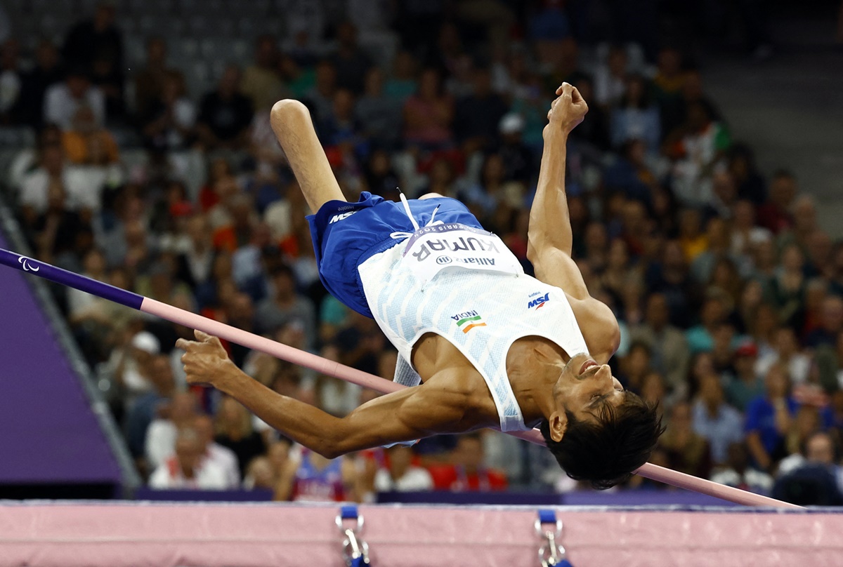 India's Sharad Kumar goes over the bar in the Paralympics athletics men's High Jump T63 final, at Stade de France, Saint-Denis, Paris, on Tuesday.