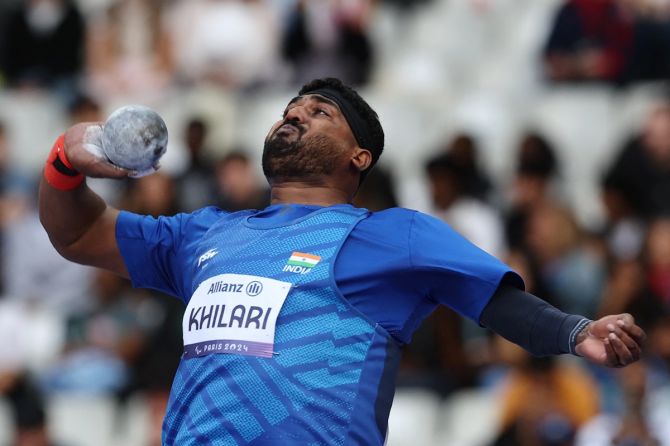 Sachin Sarjerao Khilari in action during the men's Shot Put F46 final.