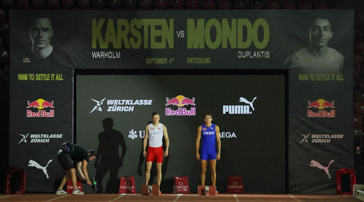 Armand Duplantis and Norway's Karsten Warholm get set for their race.