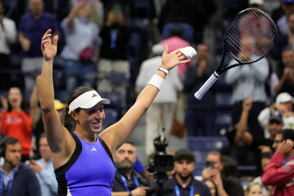 American Jessica Pegula reacts after beating Karolina Muchova in the US Open semi-final