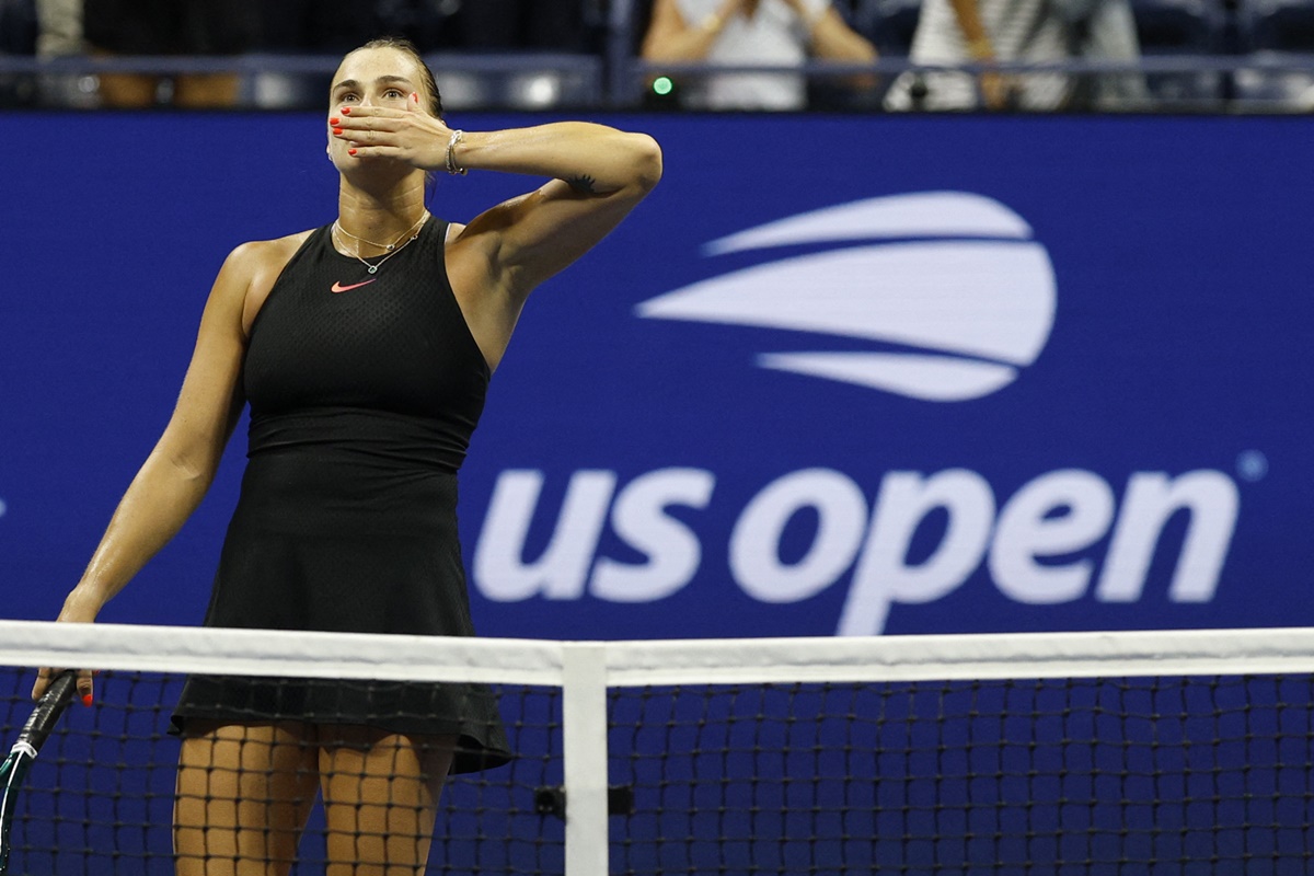 Aryna Sabalenka blows kisses to the crowd at Billie Jean King National Tennis Center, in New York, after defeating Emma Navarro of the United States in the US Open women's singles semi-finals on Thursday. 