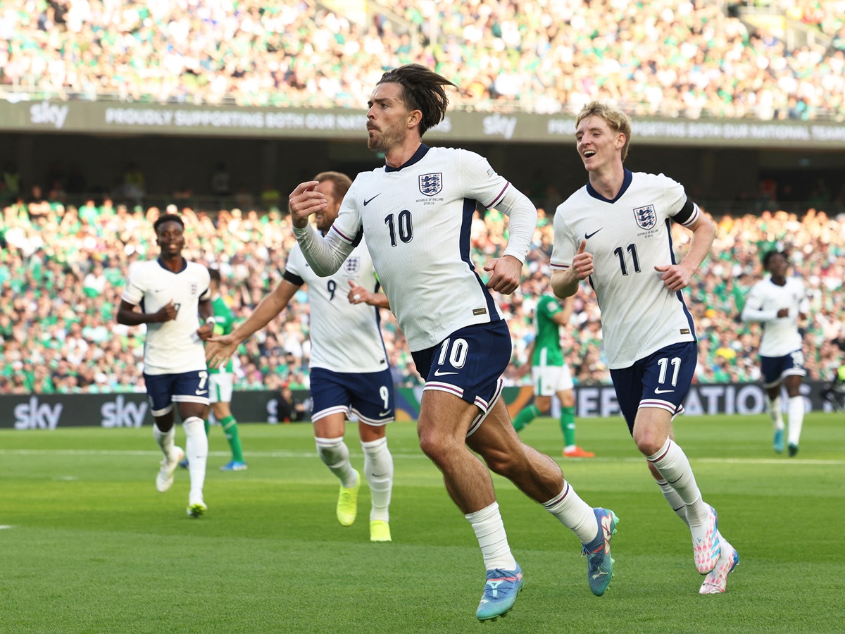 Jack Grealish celebrates scoring England's second goal with Anthony Gordon during the Nations League B Group 2 match against Republic of Ireland at Aviva Stadium, Dublin, Ireland, on Saturday.