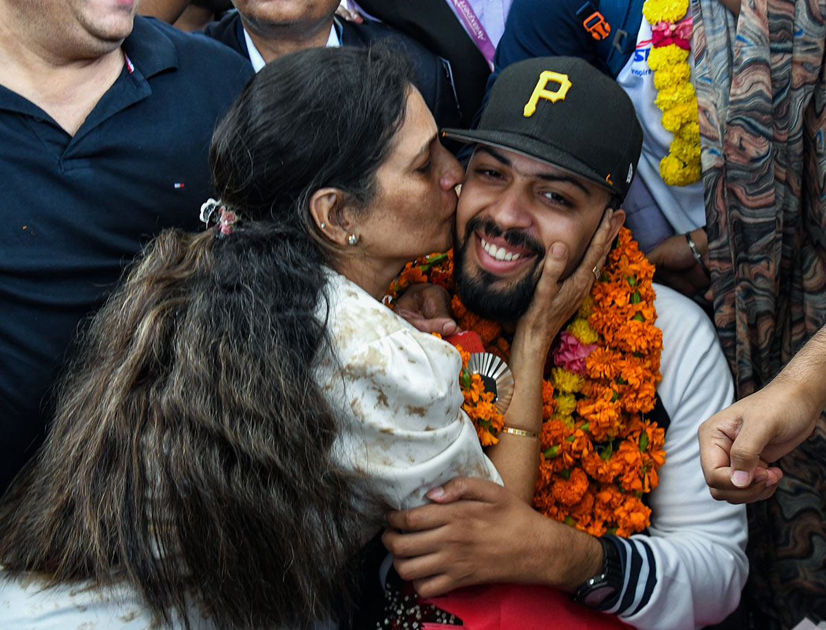  Paris Paralympics Silver Medalist Pranav Soorma receives a warm welcome on his return to the country, at IGI Airport in New Delhi on Saturday