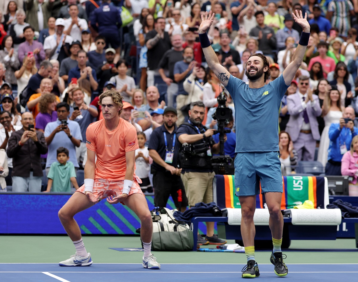 Australia's Max Purcell and Jordan Thompson celebrate victory over Germany's Kevin Krawietz and Tim Putz in the US Open men's doubles final at Flushing Meadows, New York, Saturday.