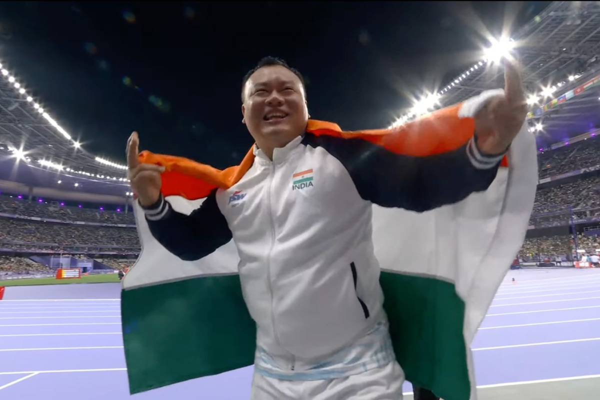  India’s Hokato Hotozhe Sema celebrates after winning bronze in the men's Shot Put F57 category at the Paralympic Games in Paris on Friday.