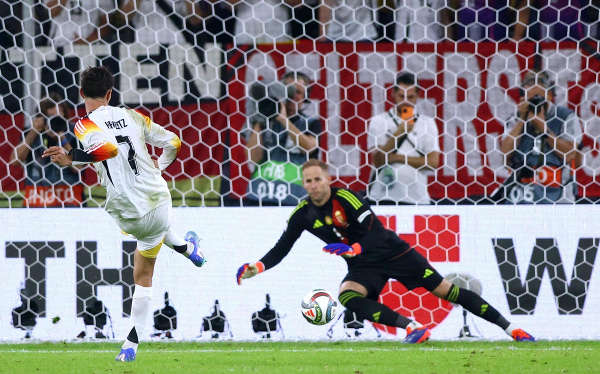 Kai Havertz scores Germany's fifth goal from the penalty spot.