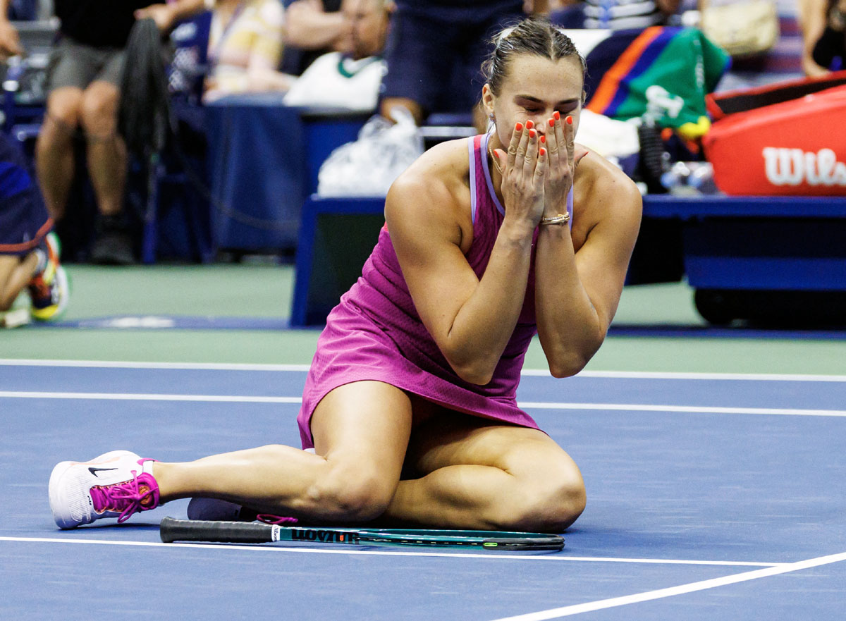 Aryna Sabalenka celebrates winning the US Open