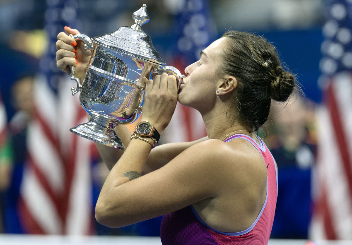 Aryna Sabalenka celebrates winning the US Open