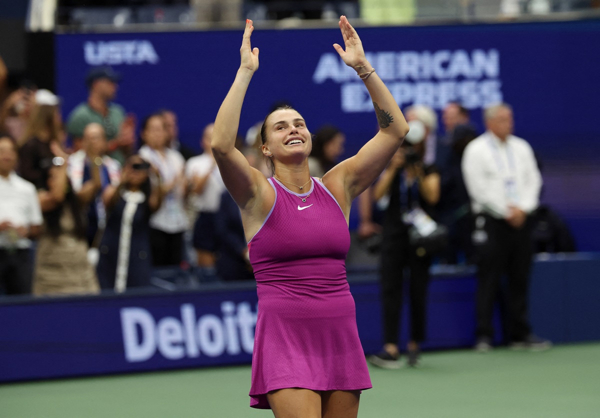 Belarus's Aryna Sabalenka celebrates victory over Jessica Pegula of the United States in the US Open women's singles final at Flushing Meadows, New York, on Saturday.