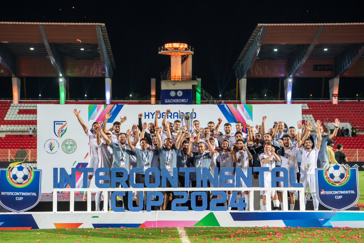 Syrian players celebrate with the trophy on winning the Intercontinental Cup title in Hyderabad on Monday