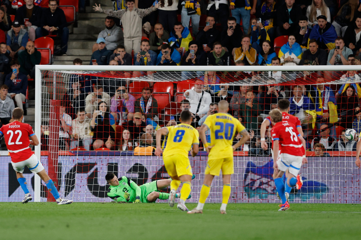 Czech Republic's Tomas Soucek scores their third goal against Ukraine in their Nations League League B Group 1 match at Eden Arena, Prague, Czech Republic, on Tuesday