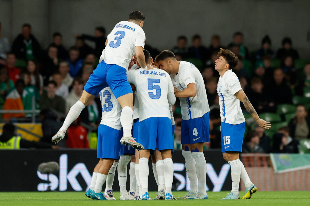 Greece players celebrate after Fotis Ioannidis scores their first goal against Republic of Ireland in their Nations League League B  Group 2 match at  Aviva Stadium, Dublin, Ireland, on Tuesday