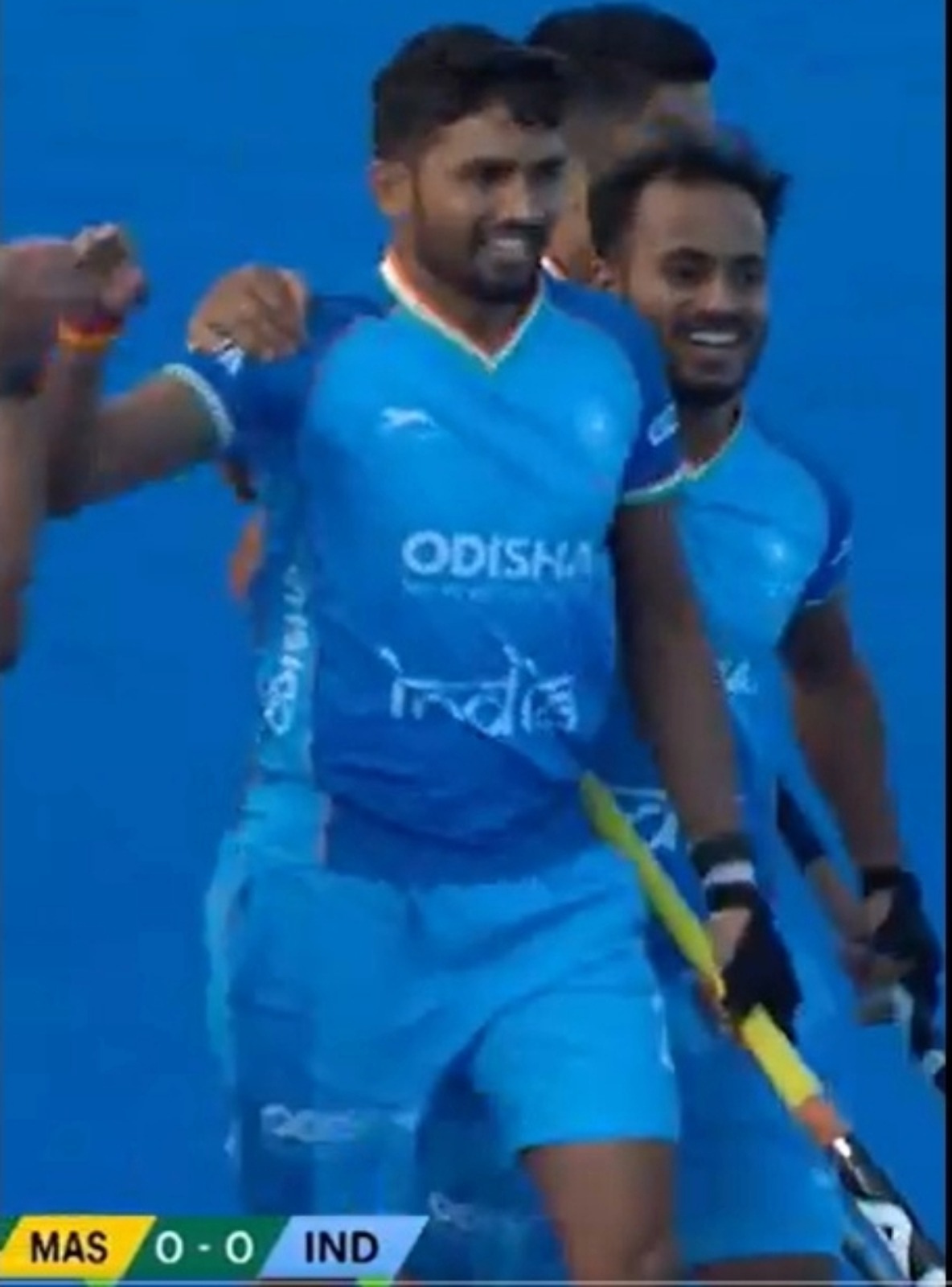 Raj Kumar Pal celebrates with teammates on scoring the opening goal against Malaysia in their Asian Champions Trophy match in Hulunbuir, China, on Wednesday