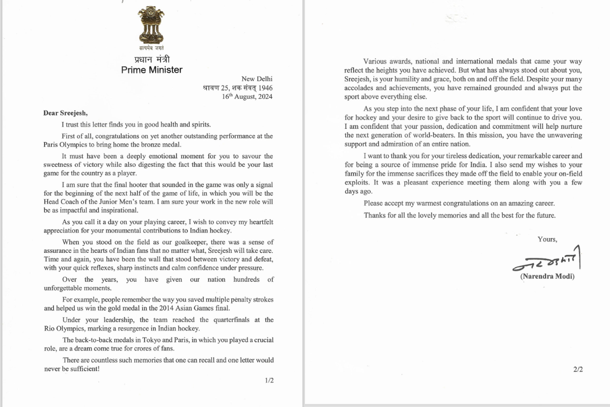 The letter that PR Sreejesh received from PM Narendra Modi