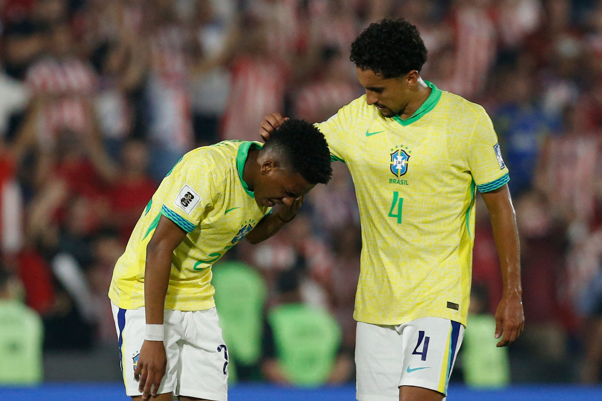 Brazil's Marquinhos and Estevao look dejected after their defeat to Paraguay in the South American World Cup qualifiers at Estadio Defensores del Chaco, Asuncion, Paraguay, on Tuesday