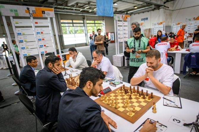 Team India's R Praggnanandhaa, Arjun Erigaisi and Vidit Gujrathi against Morocco on Wednesday