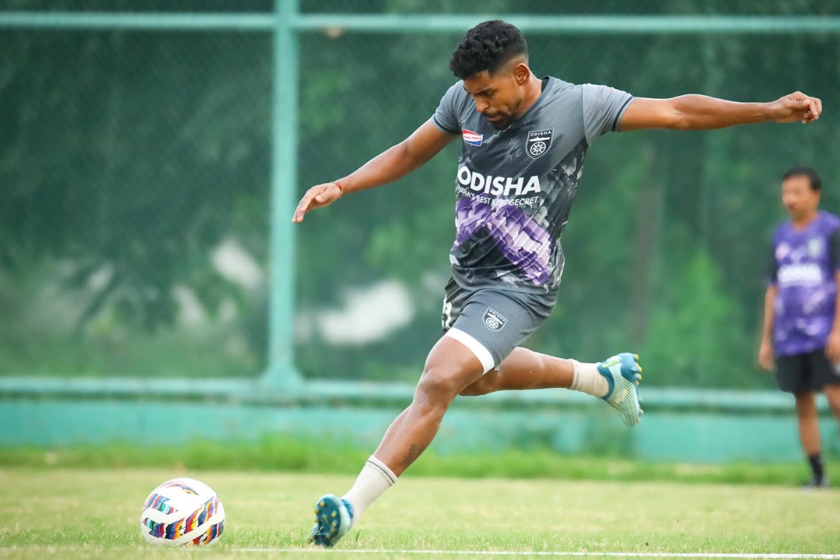 Odisha FC's mainstay in the forward line Roy Krishna goes hard at training